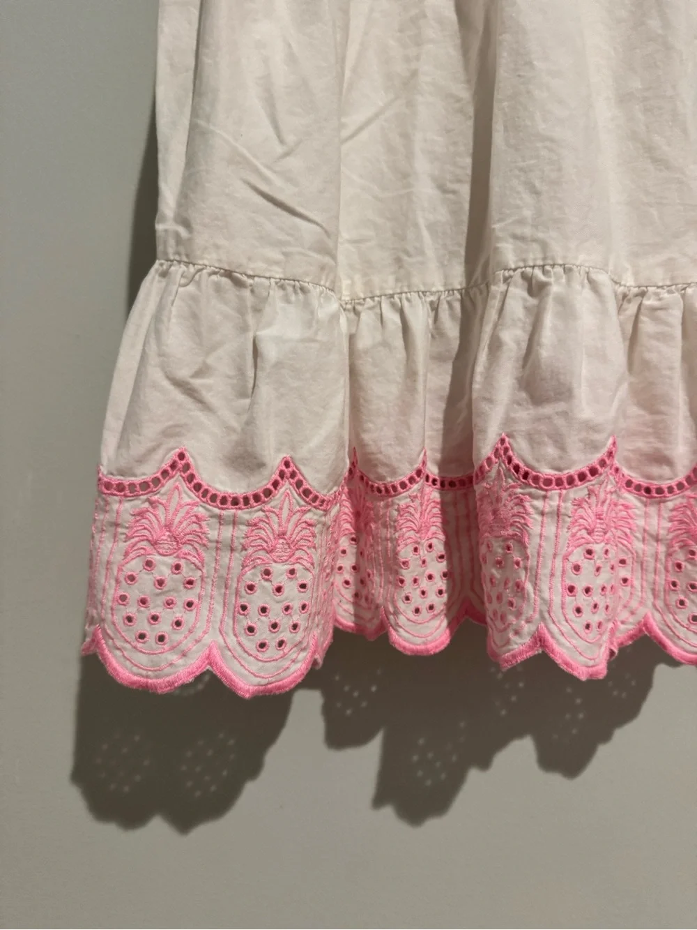 Girls size 6/7-White Cotton Sundress with Pink Pineapple Embroidered Hem